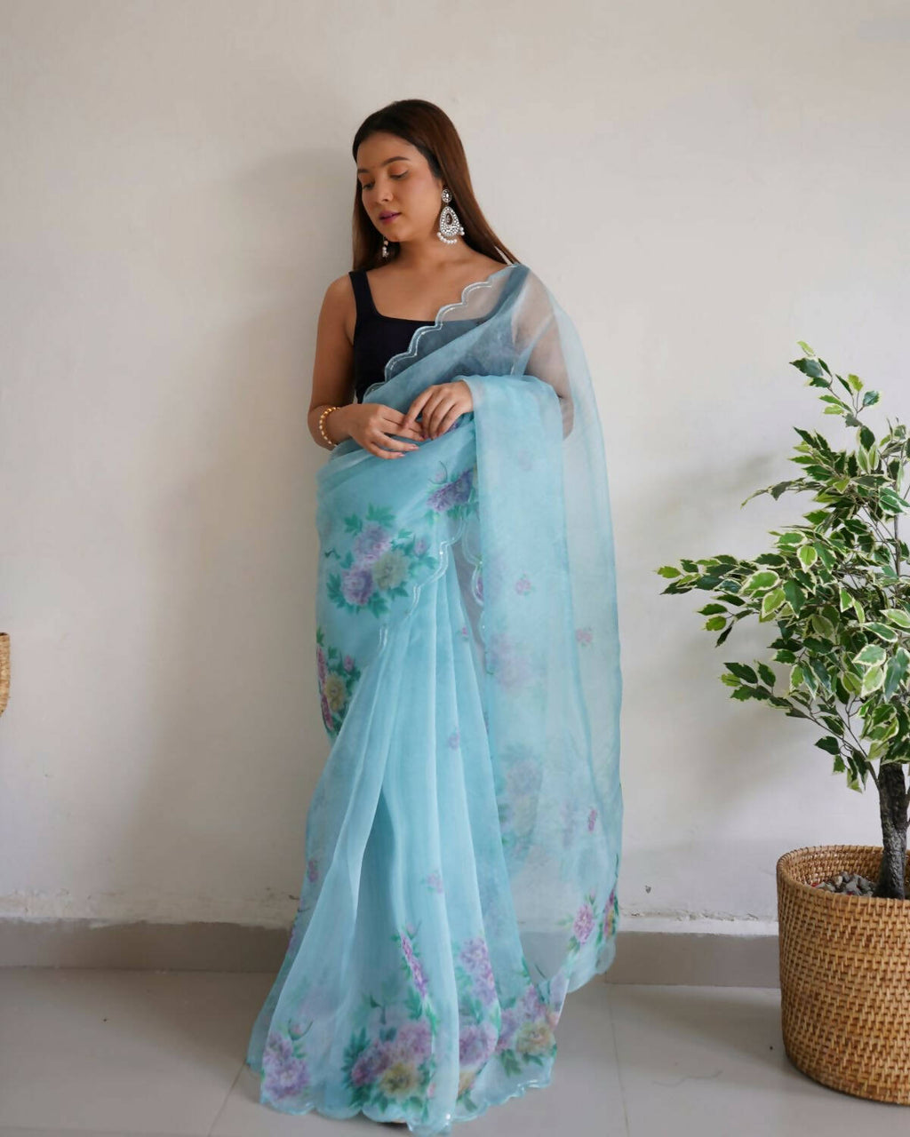 Vamsee Sky Blue Organza Saree | Grocsy
