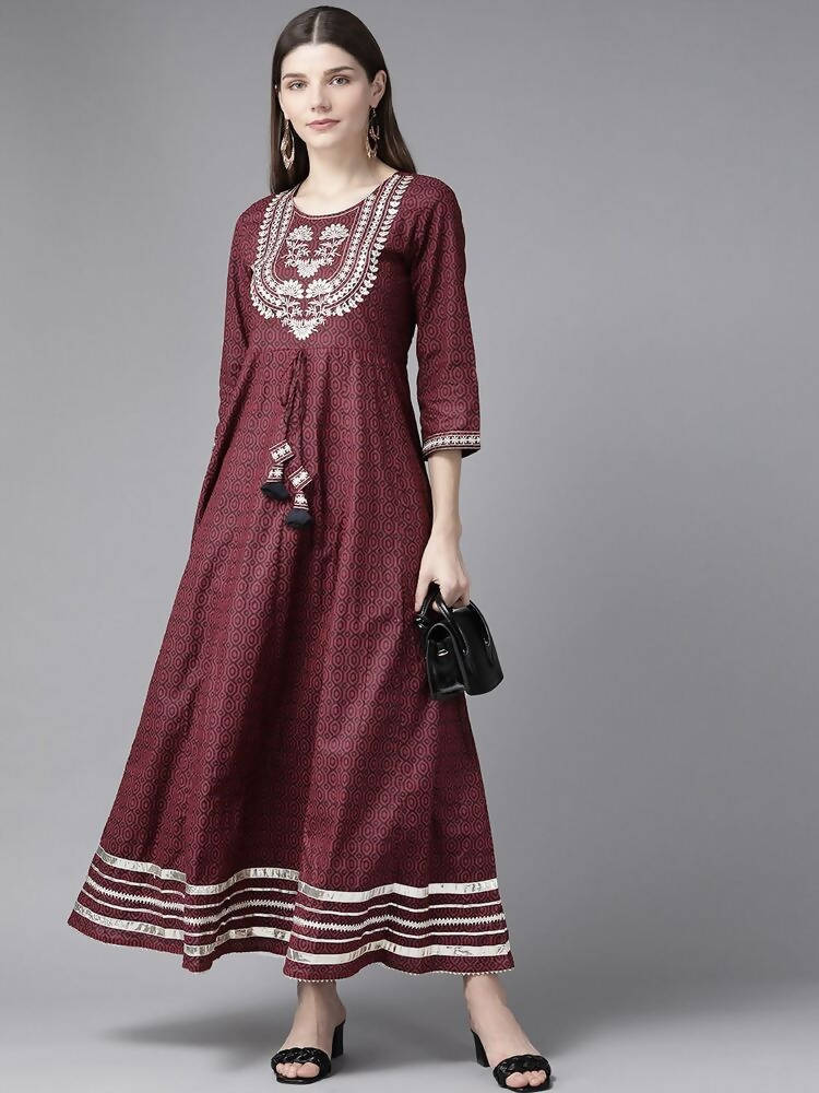 Yufta Women Maroon Geometric Printed Bell Sleeves Mirror Work Cotton Kurta | Grocsy