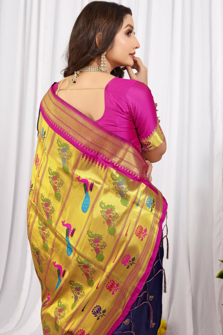 Jyoti Fashion Women's Navy Blue Paithani Silk Zari Woven Saree with Blouse | Grocsy