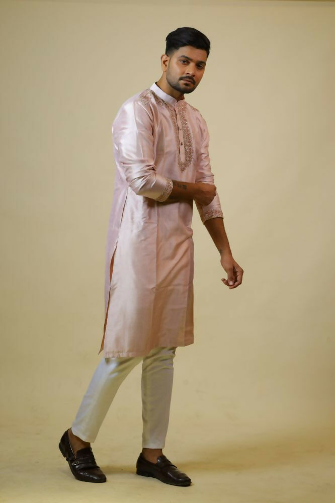 Light Coral Embroidered Collar Designer Kurta by Hilo Design | Grocsy