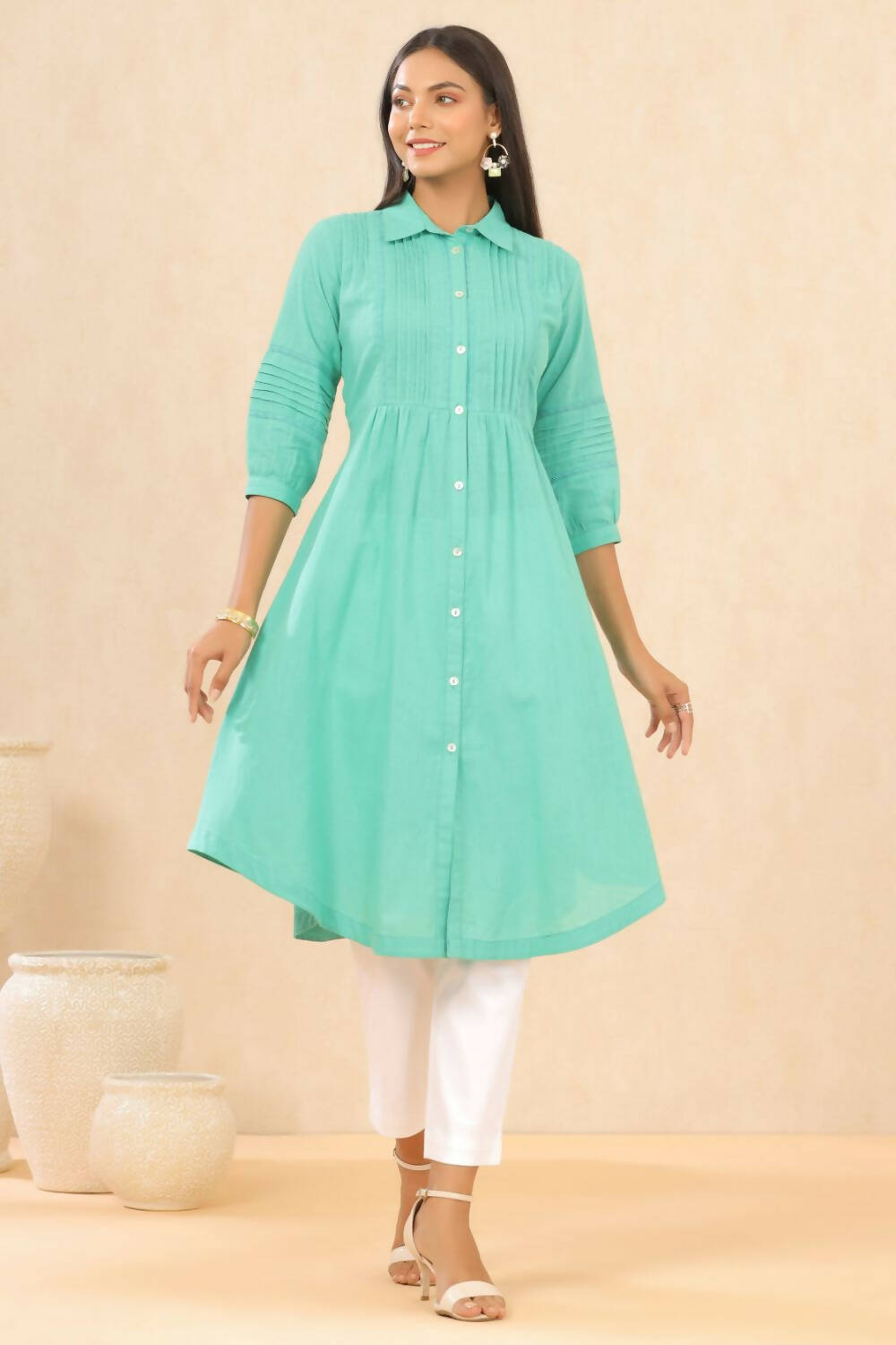 Juniper Womens Blush Turquoise Cotton Slub Solid Mid Length Shirt Dress With Lace Detailing | Grocsy