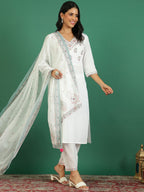 Sangria Printed Pure Cotton V- Neck Kurta & Trousers With Dupatta | Grocsy