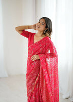 PR Fashion Red Georgette Patta Plain With Foil Work And Small Lace And Zalar Lace Saree | Grocsy