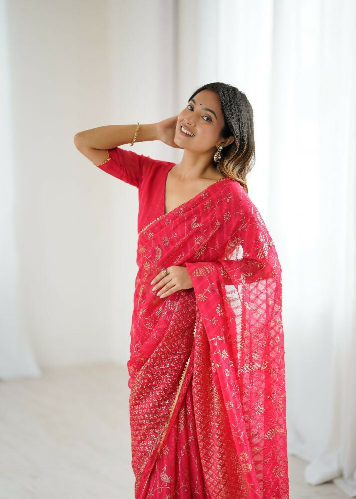 PR Fashion Red Georgette Patta Plain With Foil Work And Small Lace And Zalar Lace Saree | Grocsy