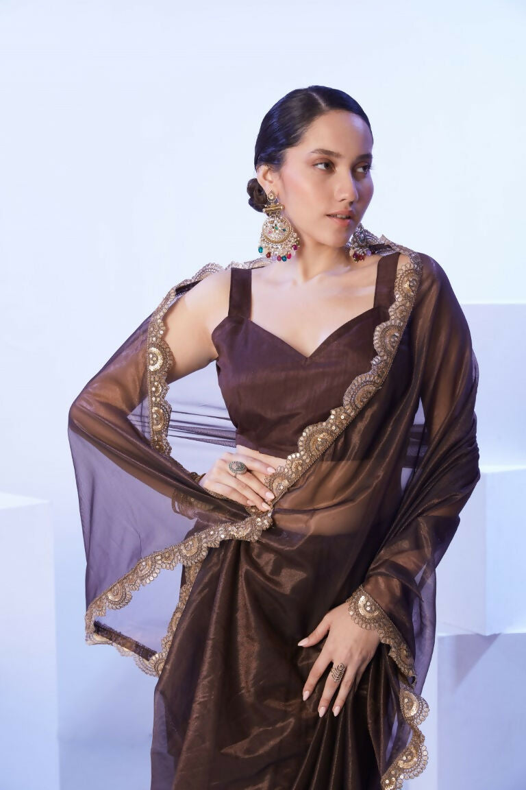 Brown C/H Net Solid Designer & Lace Work Saree - Samaa | Grocsy