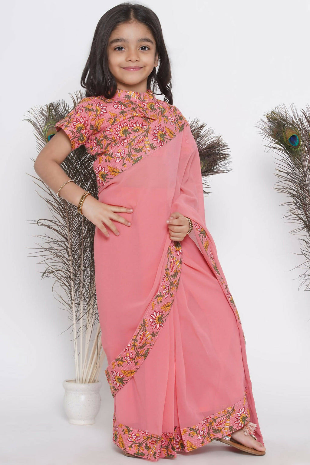 Little Bansi Floral Print Ready To Wear Saree And Floral Blouse - Coral | Grocsy