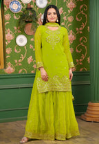 Lehenga Mart Designer Georgette Sharara Suit With Sequence Embroidered Work - Parrot Green | Grocsy