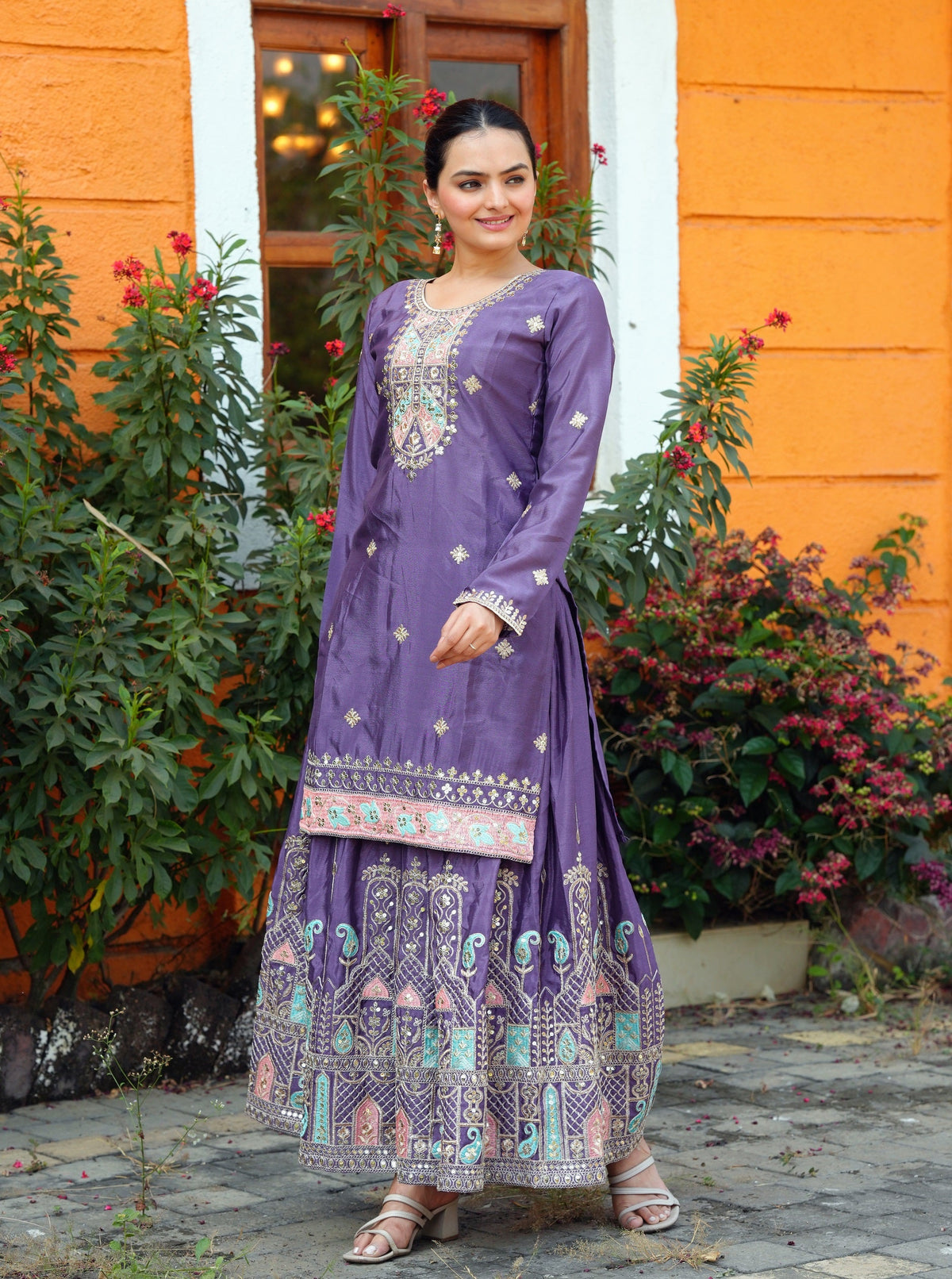 Lehenga Mart Designer Chinon Sharara Suit With Sequence Embroidered Work - Purple | Grocsy
