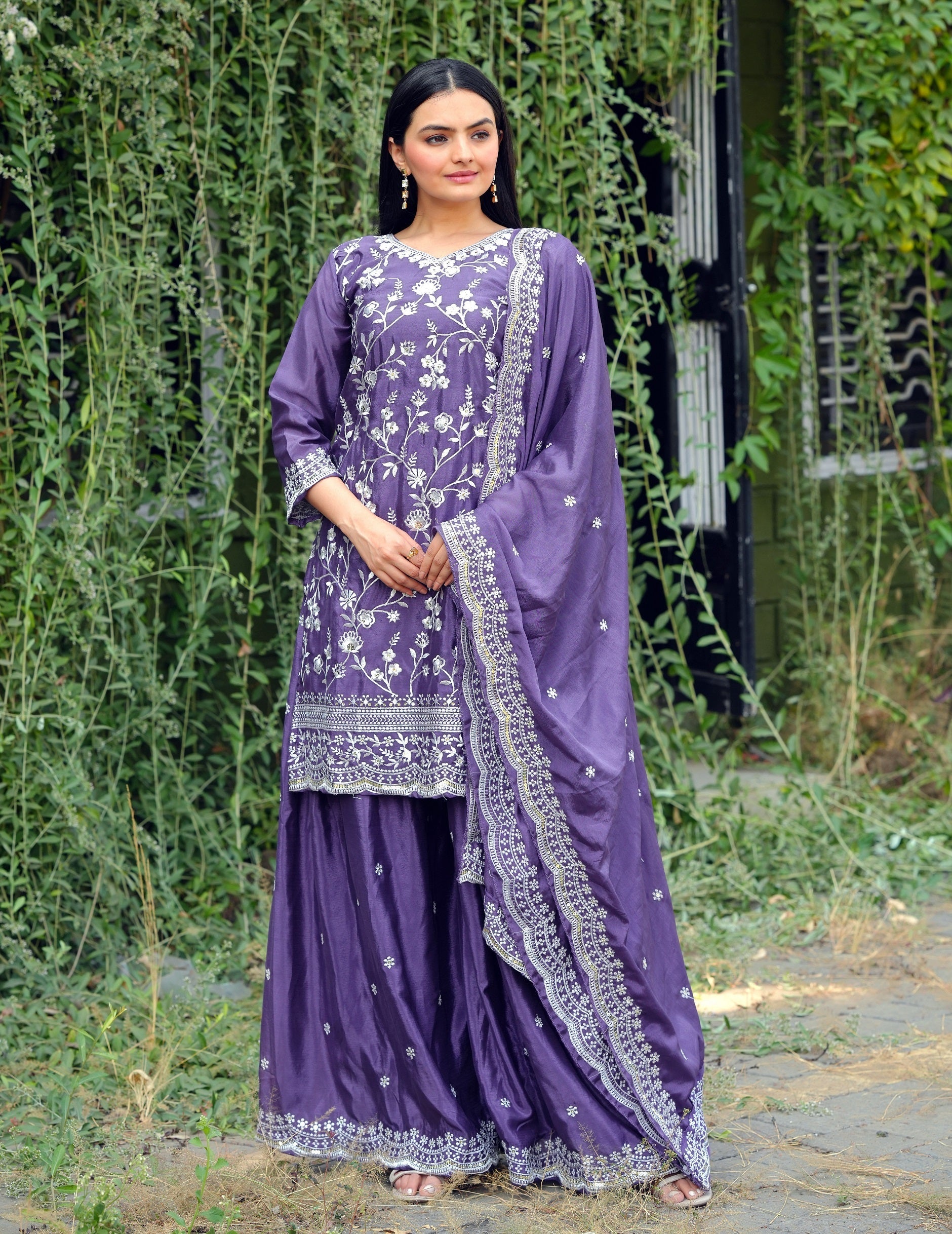 Lehenga Mart Designer Chinon Sharara Suit With Sequence Embroidered Work - Blue | Grocsy