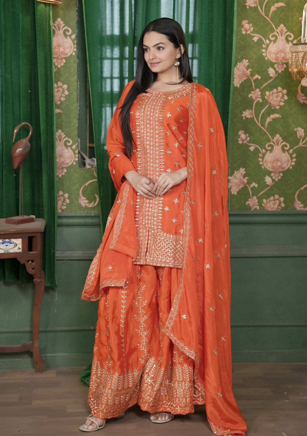 Lehenga Mart Designer Chinon Sharara Suit With Sequence Embroidered Work - Orange | Grocsy