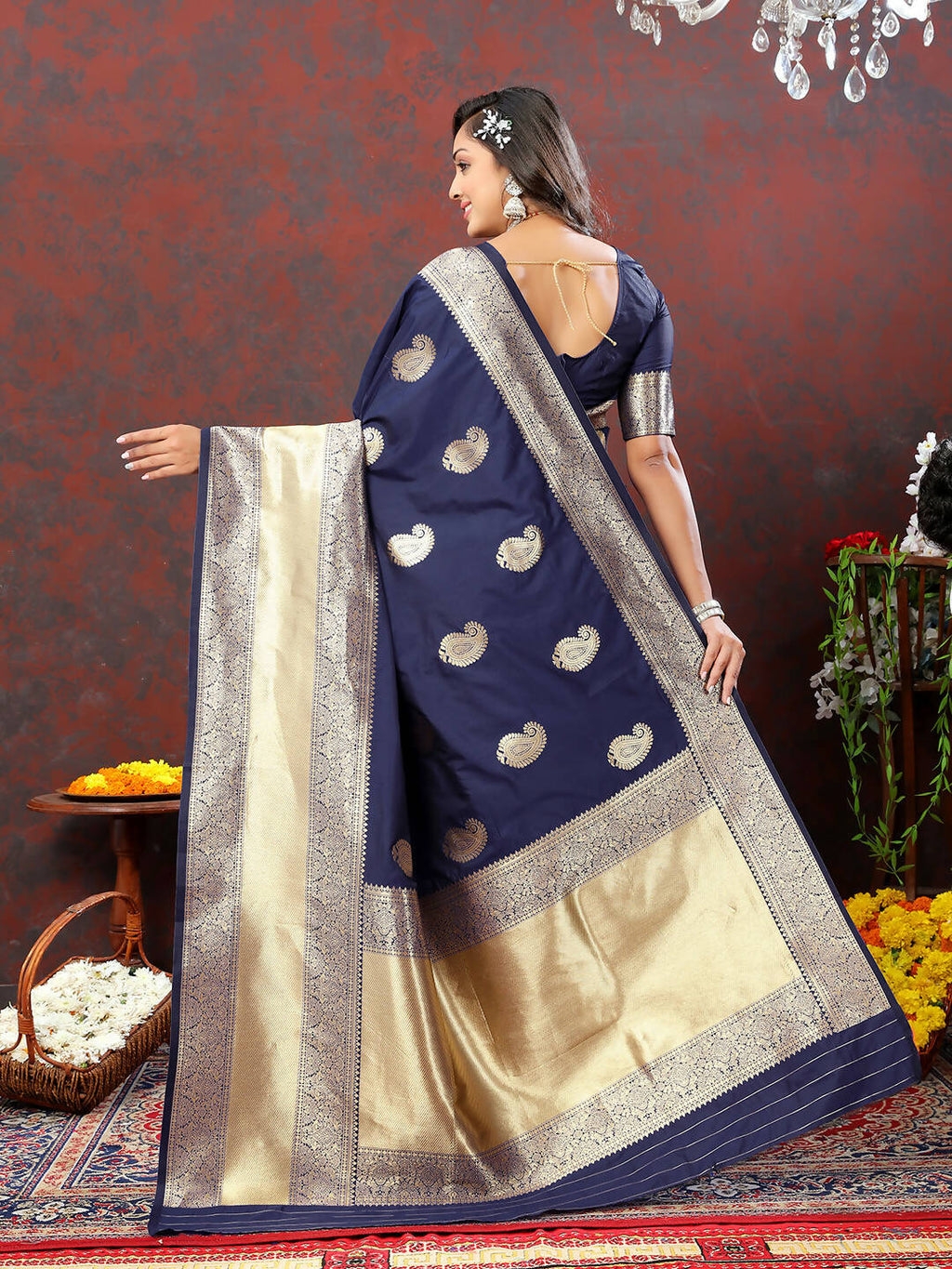 Lorenvalley Fashion Navyblue Soft Silk Woven Design Gold Zari Weaving Saree | Grocsy