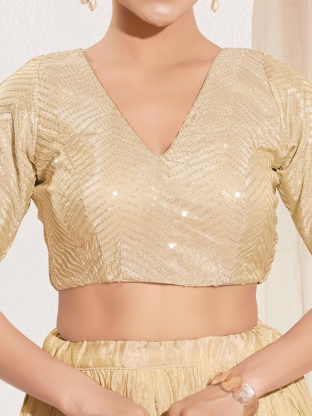 Joban Fashion Gold Sequins Padded Blouse With V Neck Elbow Sleeves | Grocsy