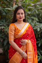 Red Jute Silk Ethnic Motifs Saree with Unstitched Blouse - A2M | Grocsy