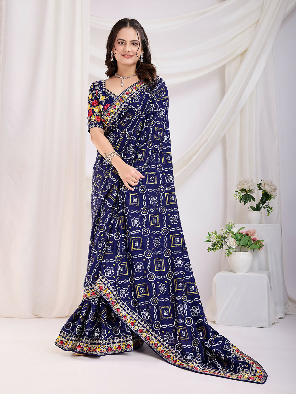 Blue Vichitra Silk Bandhani Printed, Embroidery Work Saree - Ditya | Grocsy