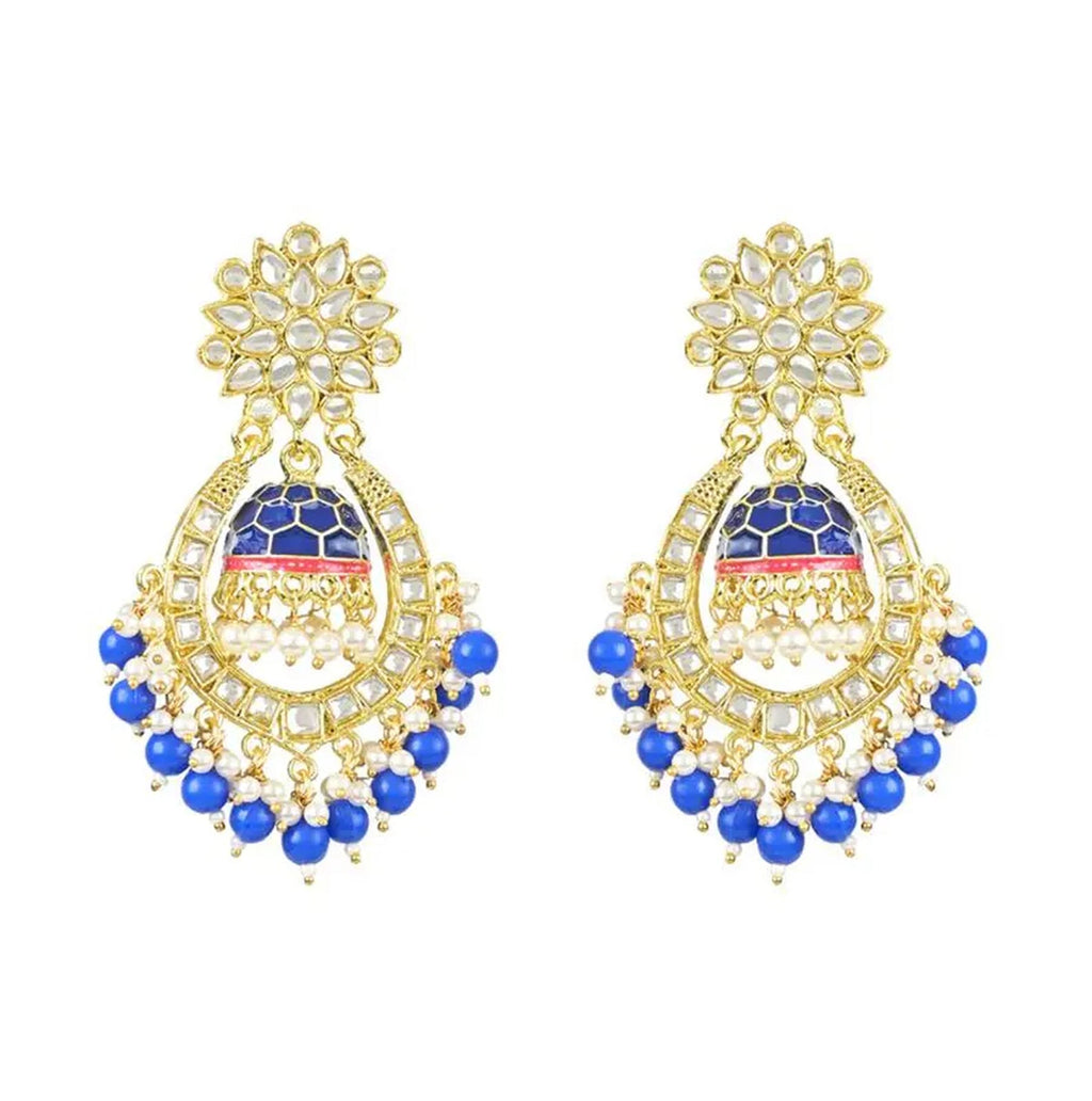 Jewel City Royal Blue and Gold-Plated Kundan Chandbali Earrings – Traditional Indian Jhumka Earrings with Pearls | Grocsy
