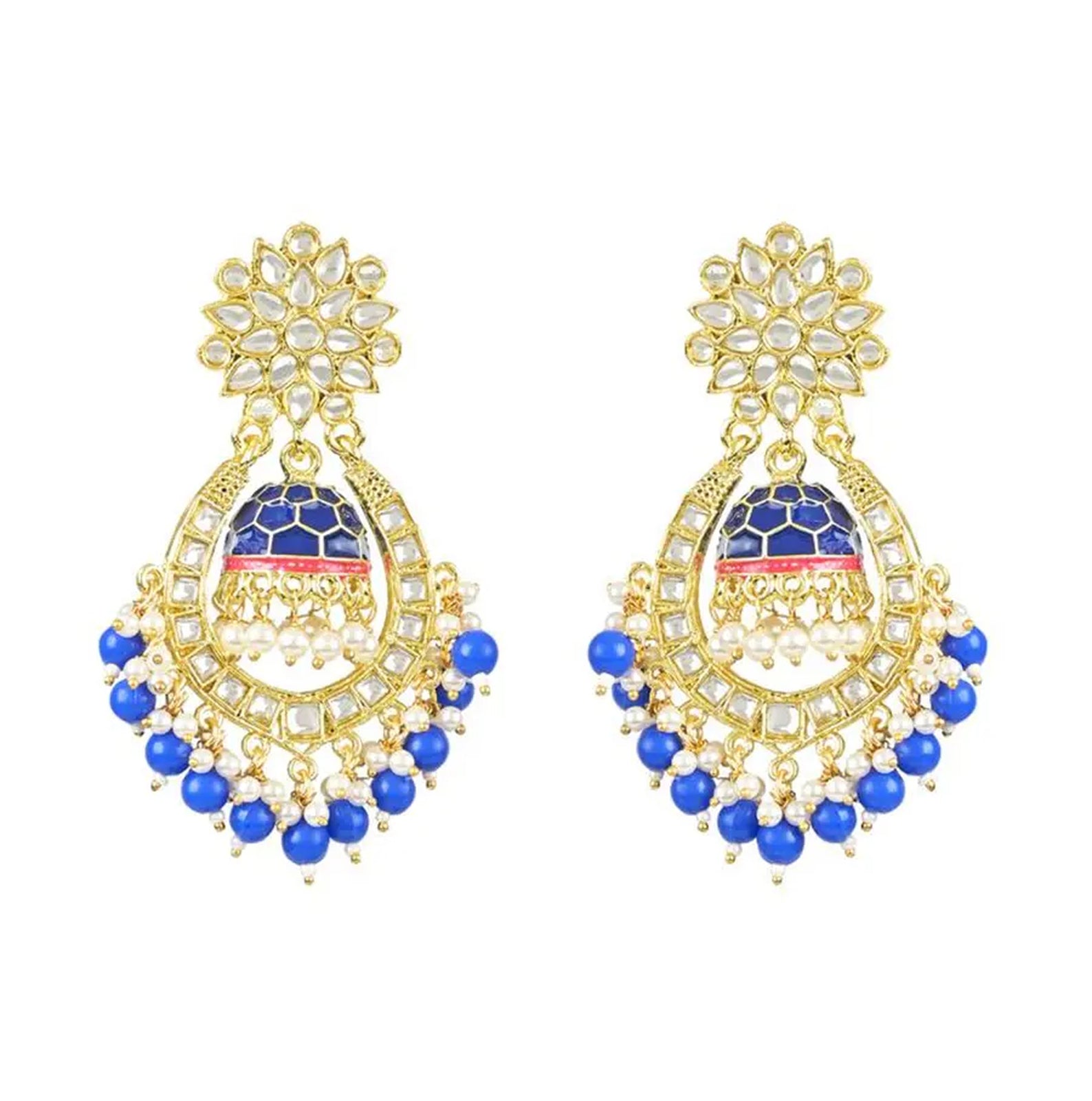 Jewel City Royal Blue and Gold-Plated Kundan Chandbali Earrings – Traditional Indian Jhumka Earrings with Pearls | Grocsy