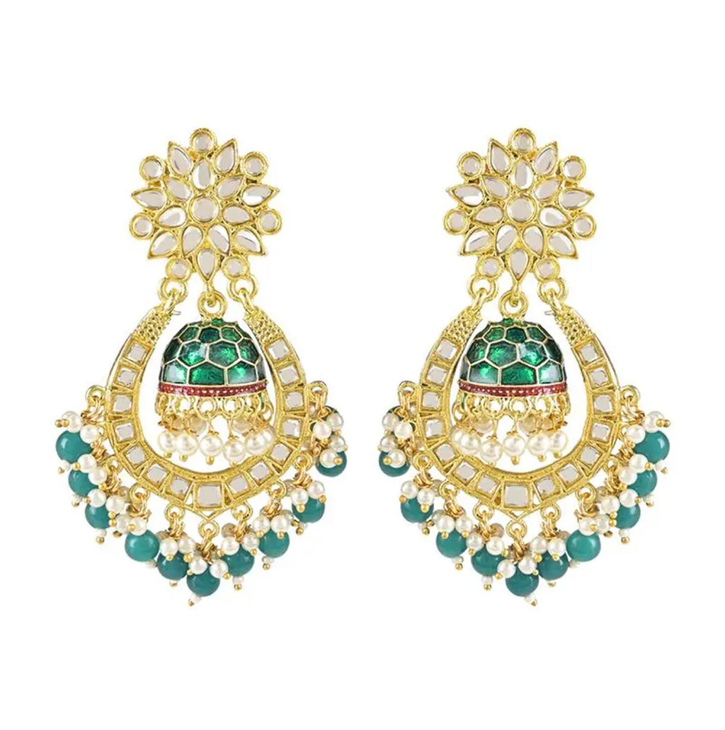 Jewel City Green and Gold-Plated Kundan Chandbali Earrings – Traditional Indian Jhumka Earrings with Pearls | Grocsy