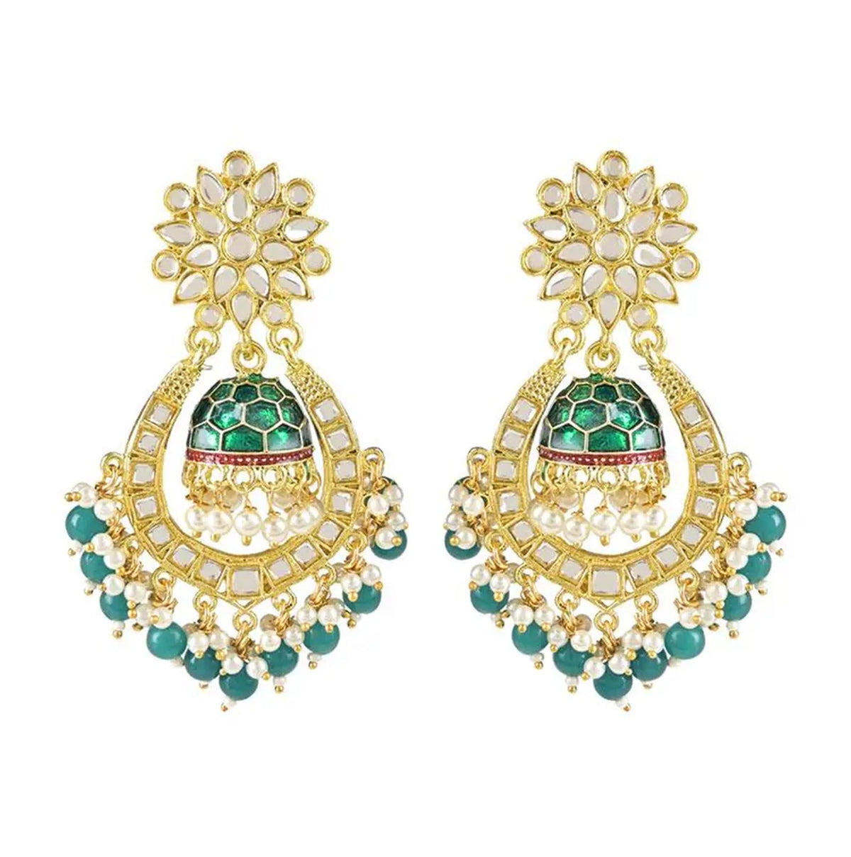 Jewel City Green and Gold-Plated Kundan Chandbali Earrings – Traditional Indian Jhumka Earrings with Pearls | Grocsy