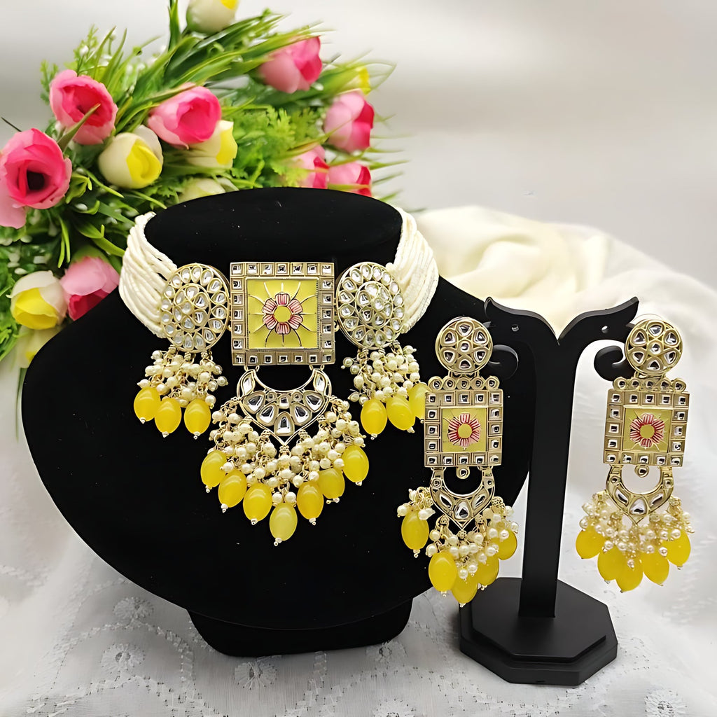 Jewel City Opulent Kundan Meena Yellow Bead Jewelry Set - Exquisite Indian Bridal Accessories | Grocsy