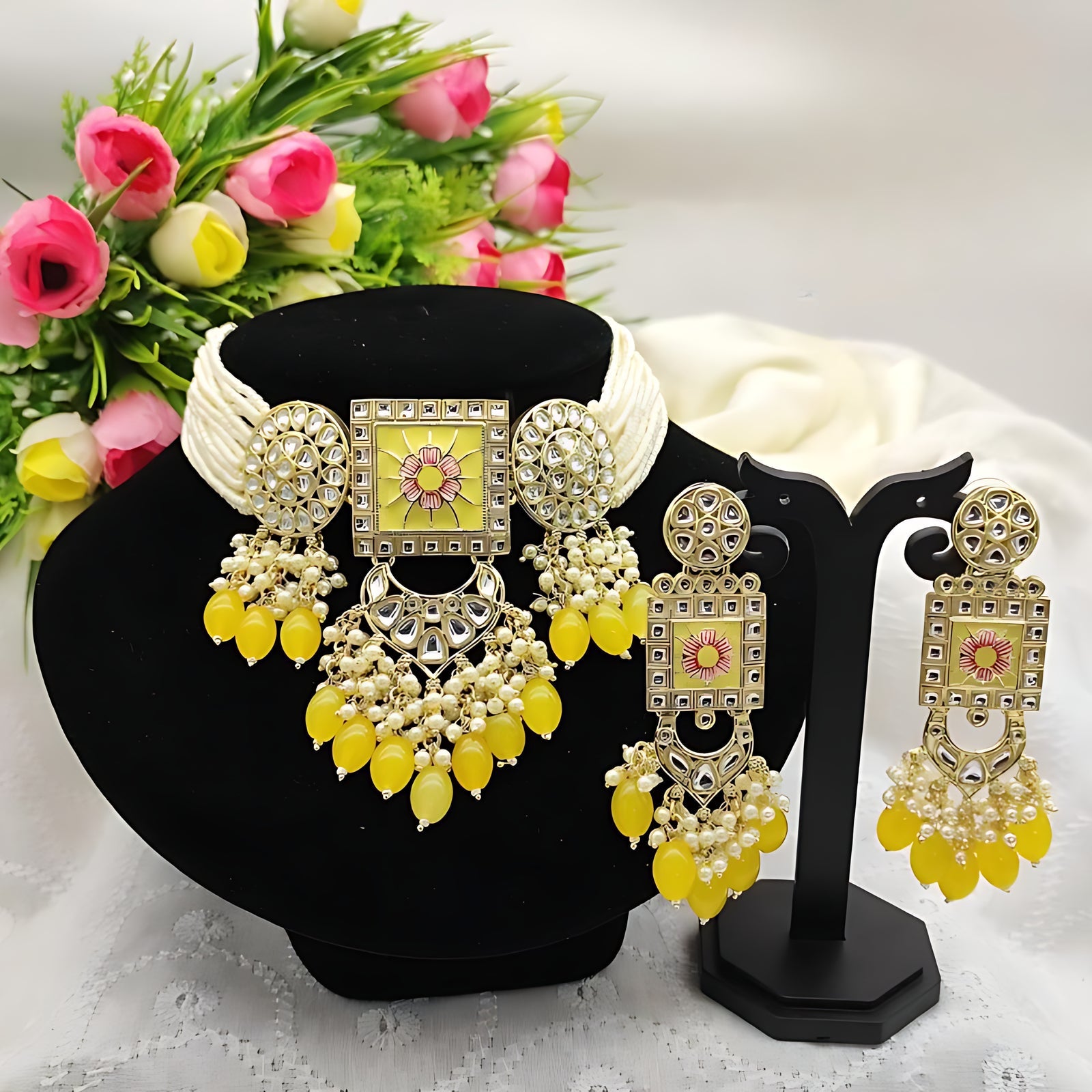 Jewel City Opulent Kundan Meena Yellow Bead Jewelry Set - Exquisite Indian Bridal Accessories | Grocsy