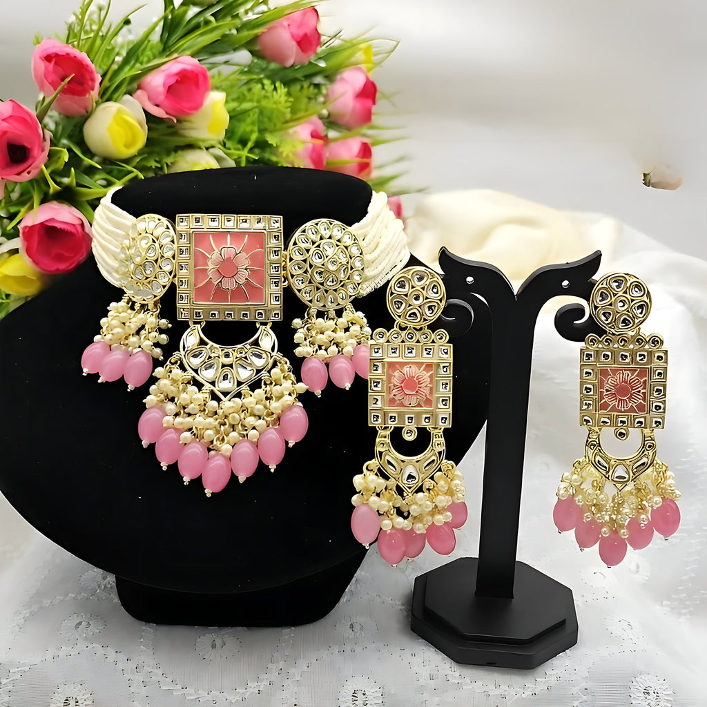 Jewel City Regal Kundan Meena Necklace and Earrings Set with Pink Beads Exquisite Indian Bridal Jewelry Collection | Grocsy