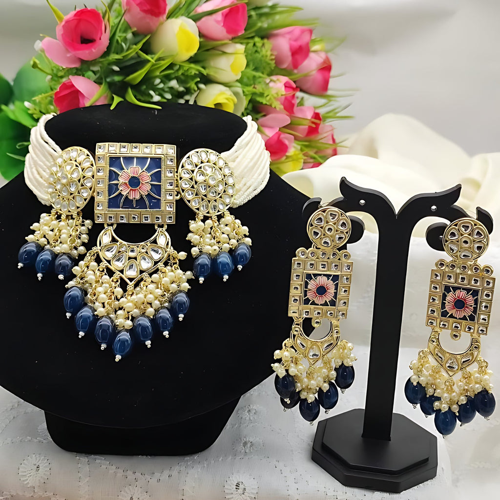 Jewel City Regal Kundan Meena Necklace and Earrings Set with Blue Beads -Exquisite Indian Bridal Jewelry Collection | Grocsy