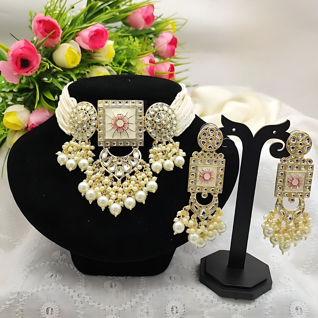 Jewel City Regal Kundan Meena Necklace and Earrings Set with White Beads -Exquisite Indian Bridal Jewelry Collection | Grocsy