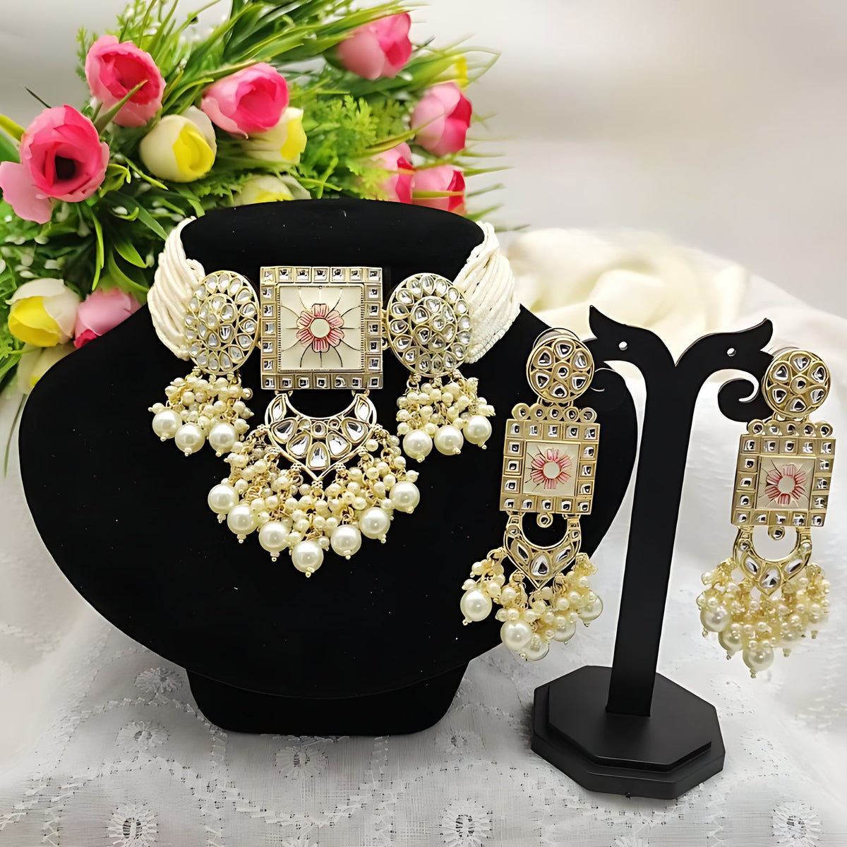 Jewel City Regal Kundan Meena Necklace and Earrings Set with White Beads -Exquisite Indian Bridal Jewelry Collection | Grocsy