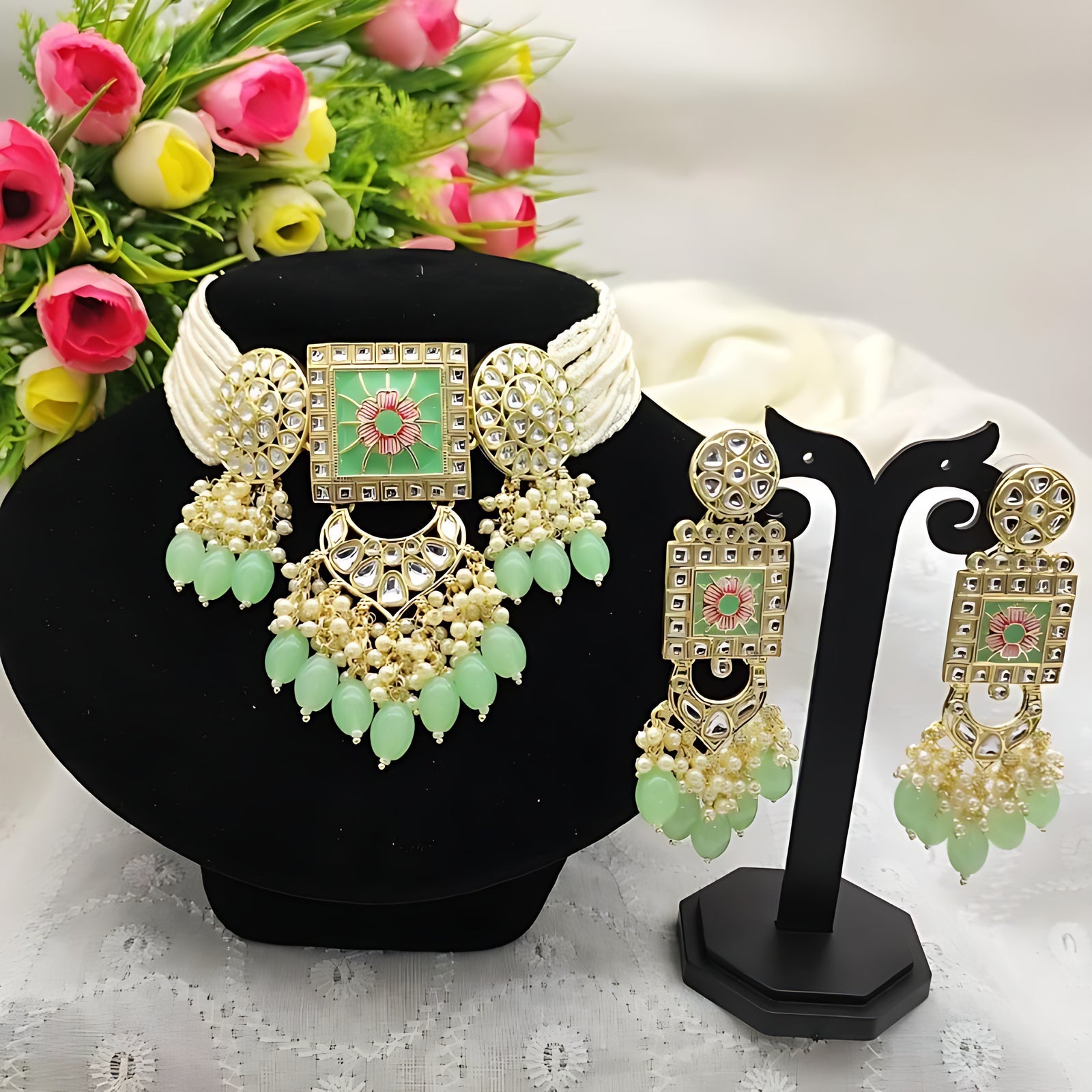 Jewel City Regal Kundan Meena Necklace and Earrings Set with Mint Beads -Exquisite Indian Bridal Jewelry Collection | Grocsy