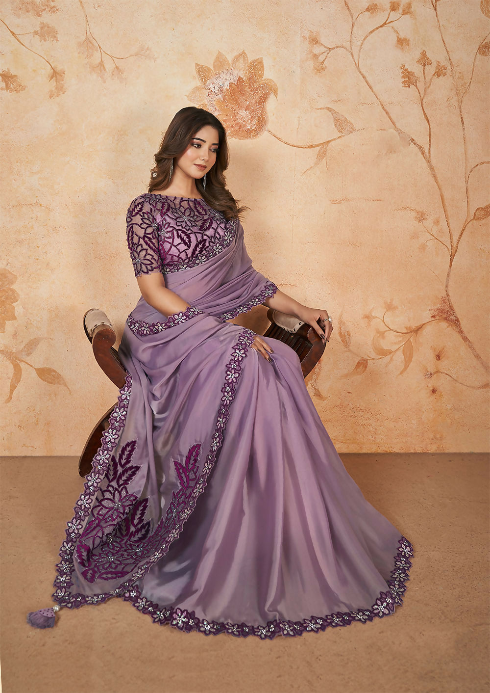 Purple Crepe Satin Silk Sequence & Cord Embroidered with Stone Work Saree - Mohmanthan Dakshika | Grocsy