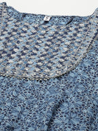 Yufta Women Blue Floral Yoke Design Angrakha Pure Cotton Kurta with Trouser With Dupatta | Grocsy