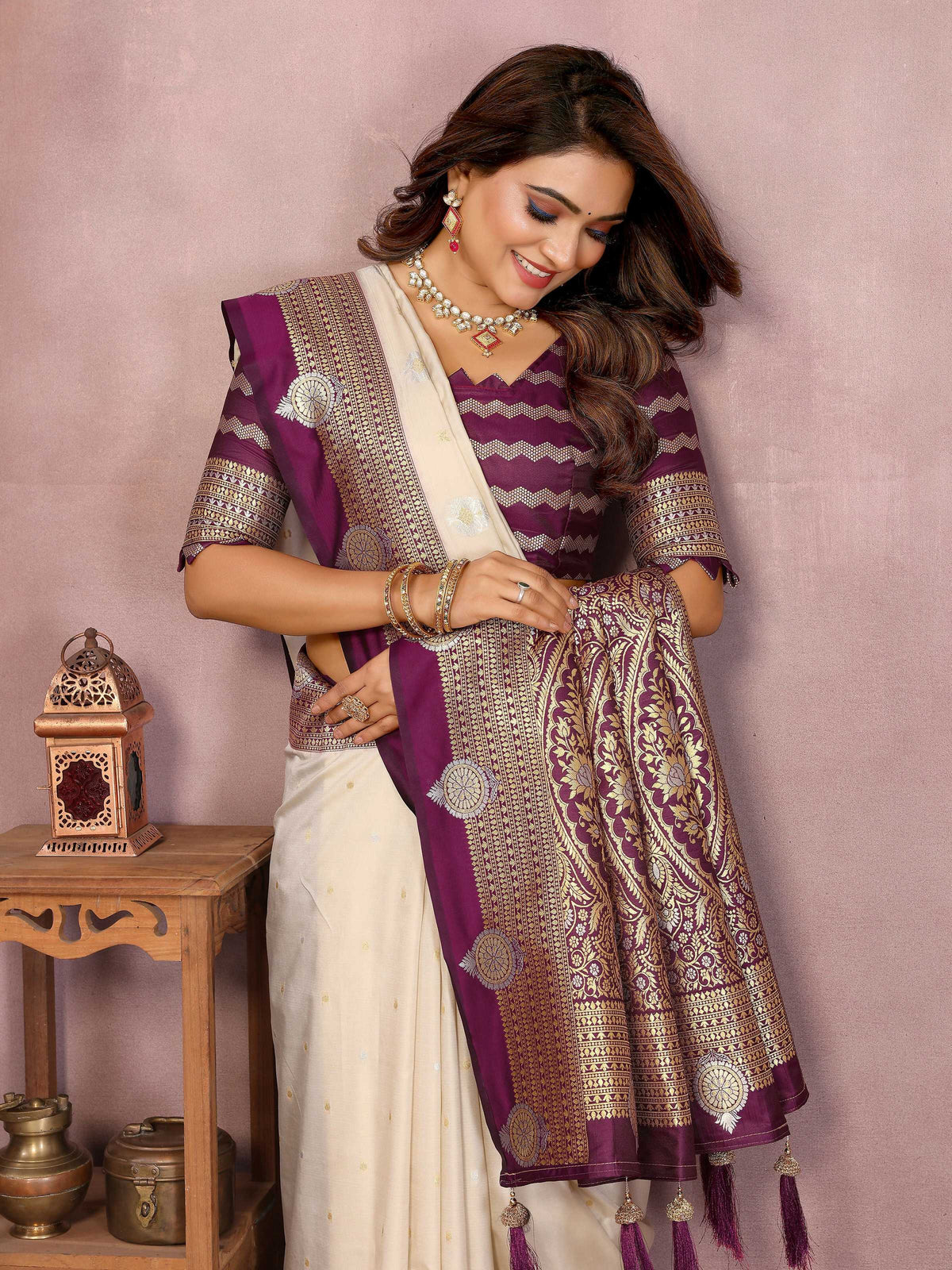 Aastha Fashion Cream Silk Sarees Weaving Saree | Grocsy