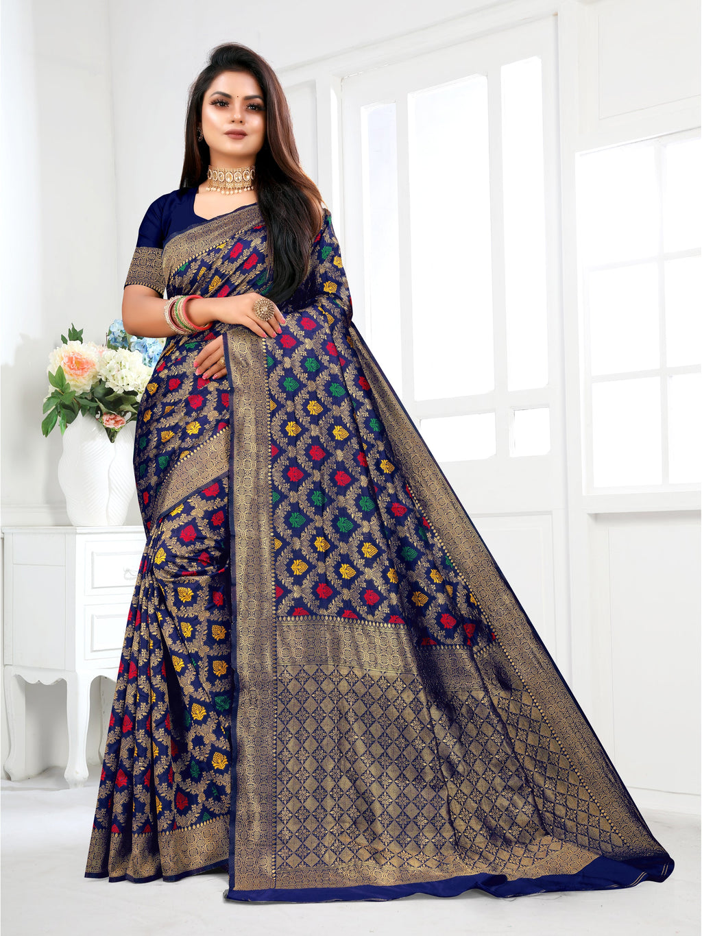 Vedant Vastram Litchi Silk Designer Banarasi Saree - Navy | Grocsy