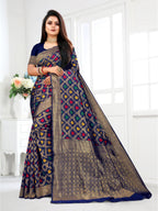 Vedant Vastram Litchi Silk Designer Banarasi Saree - Navy | Grocsy