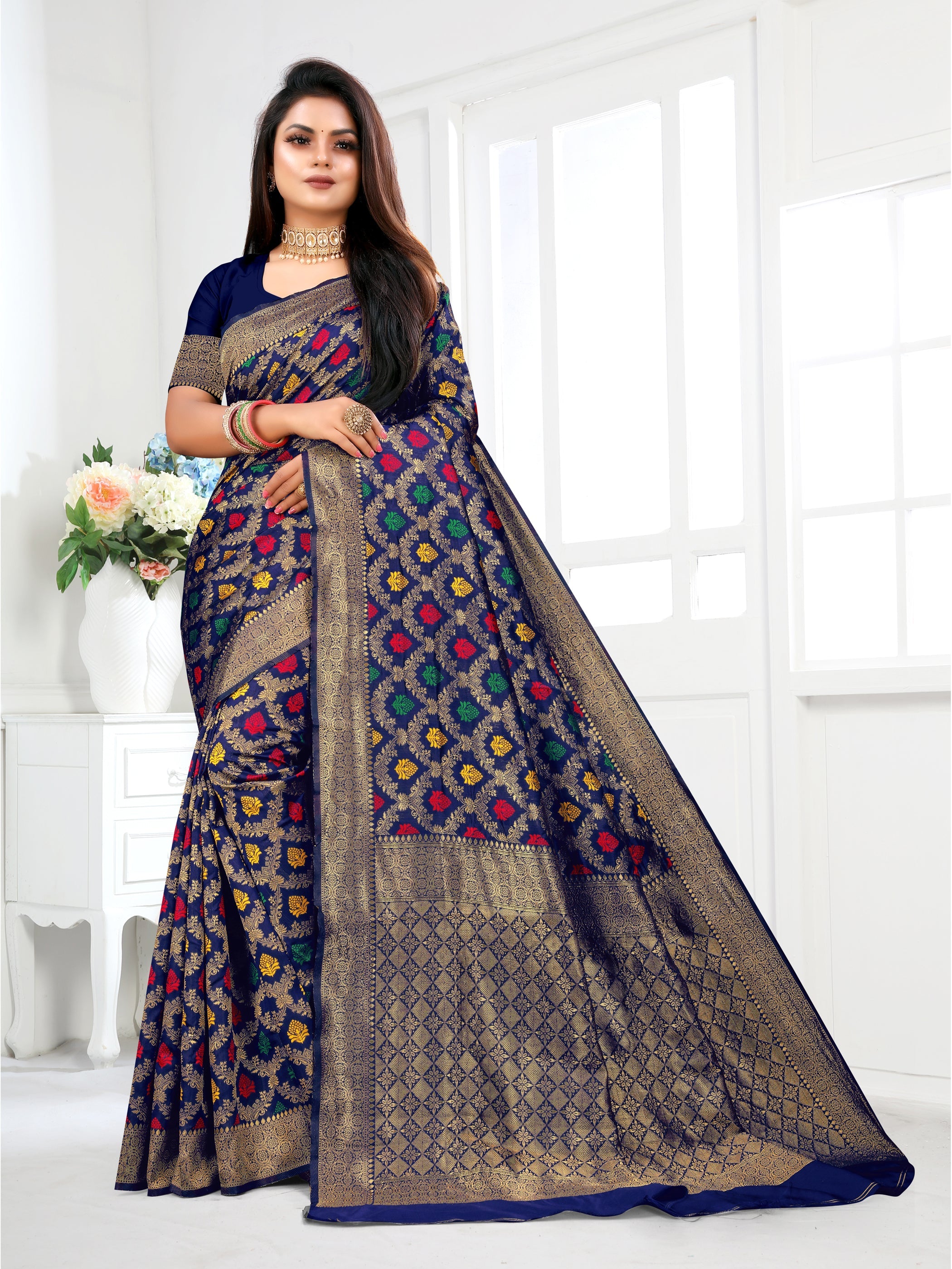 Vedant Vastram Litchi Silk Designer Banarasi Saree - Navy | Grocsy