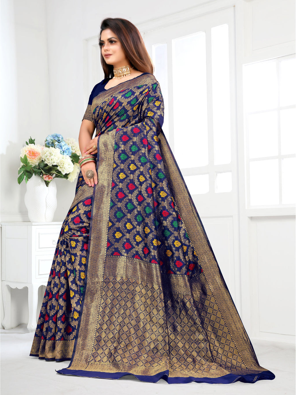 Vedant Vastram Litchi Silk Designer Banarasi Saree - Navy | Grocsy