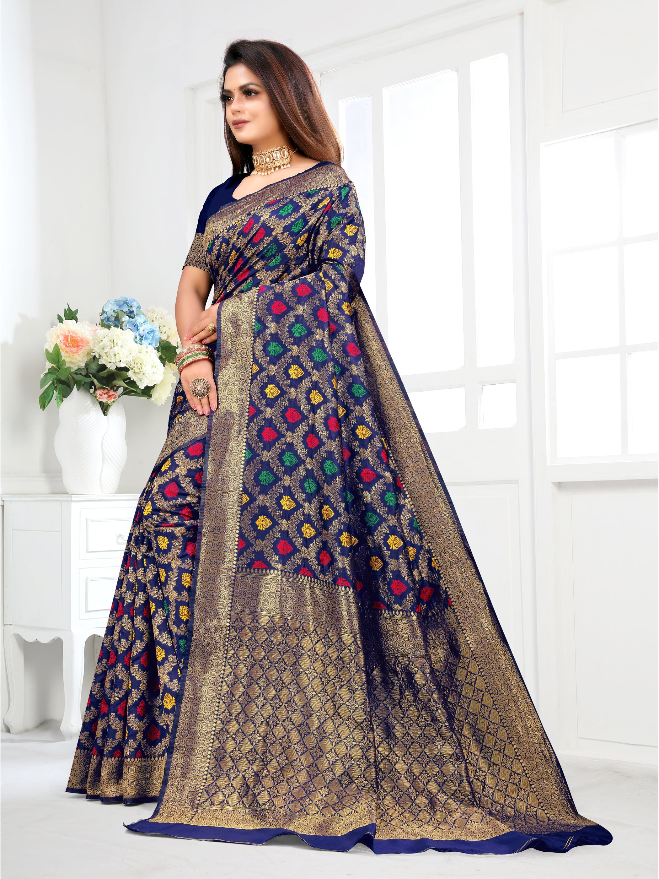 Vedant Vastram Litchi Silk Designer Banarasi Saree - Navy | Grocsy
