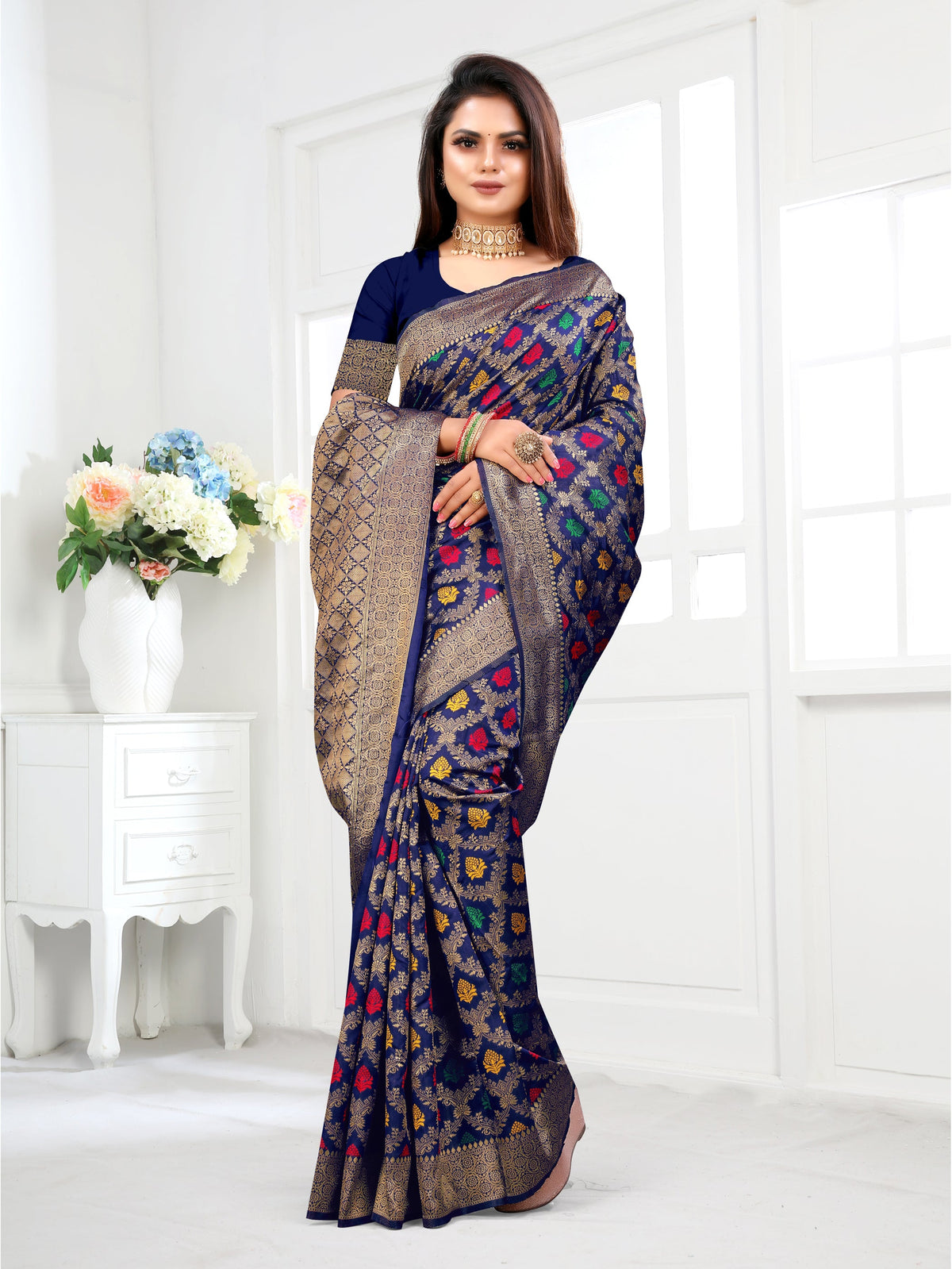 Vedant Vastram Litchi Silk Designer Banarasi Saree - Navy | Grocsy