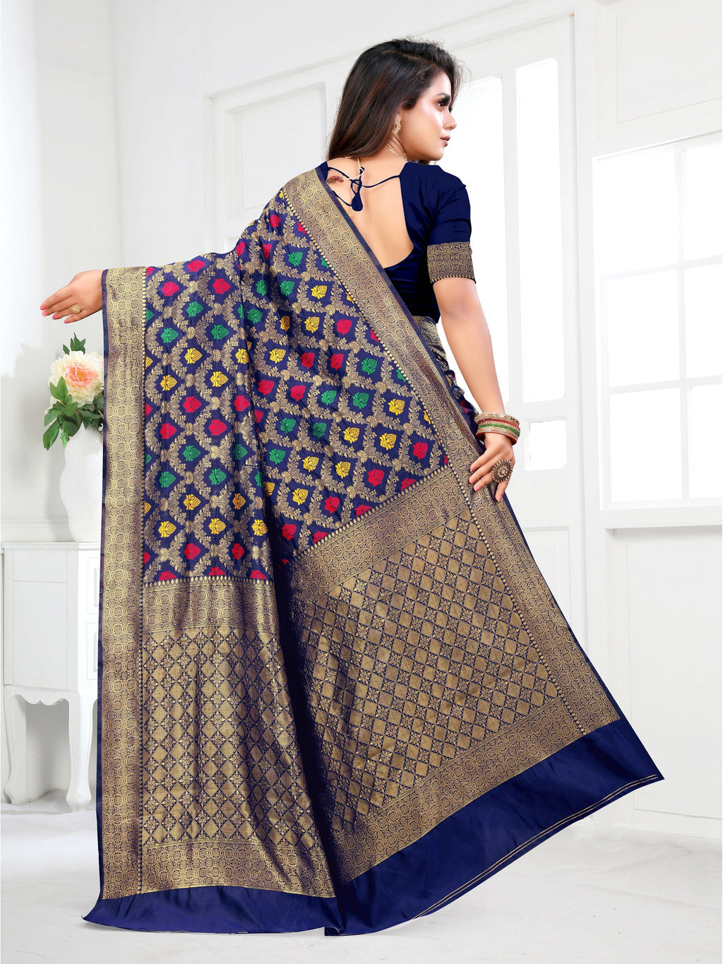 Vedant Vastram Litchi Silk Designer Banarasi Saree - Navy | Grocsy