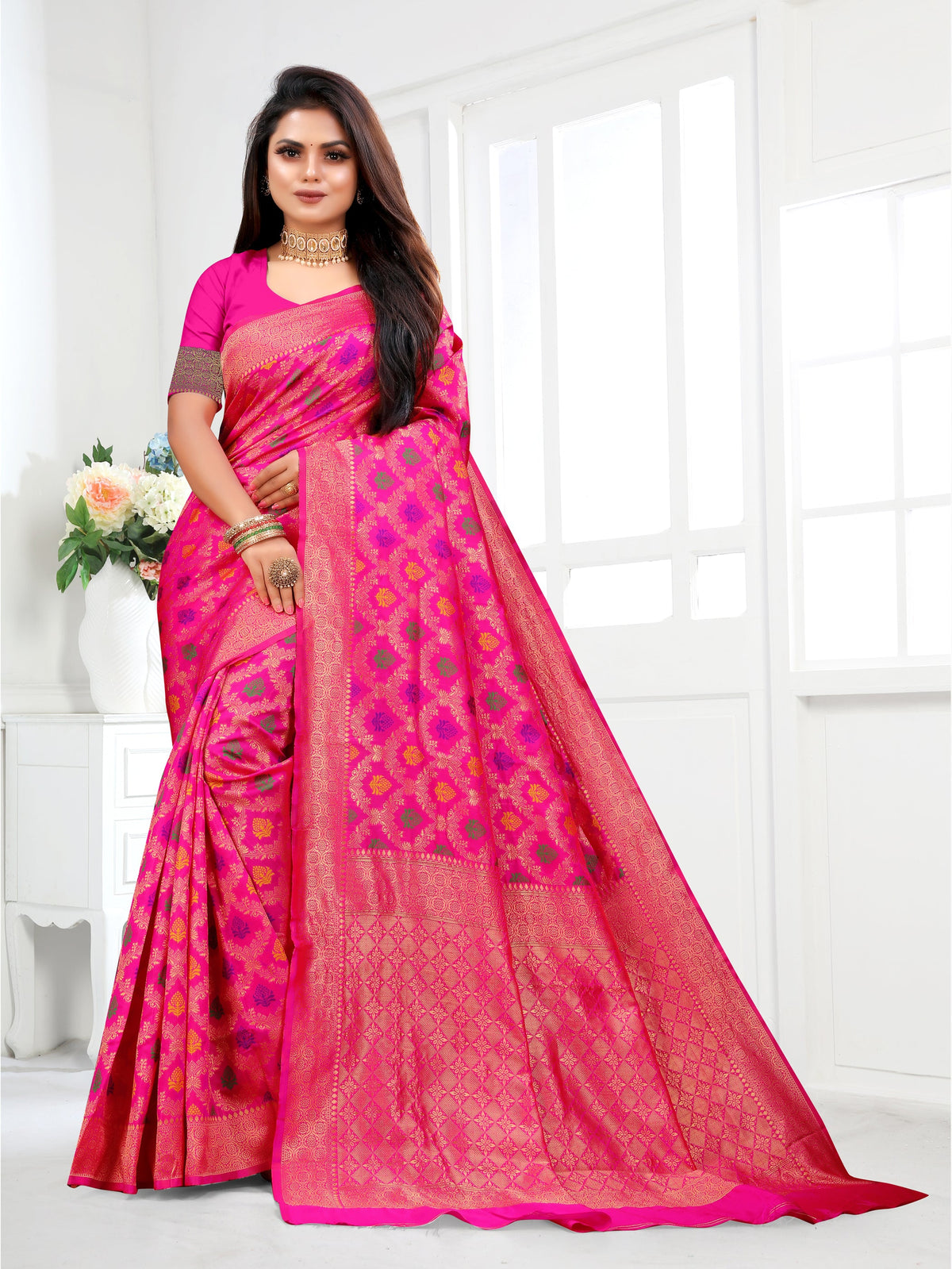 Vedant Vastram Litchi Silk Designer Banarasi Saree - Pink | Grocsy