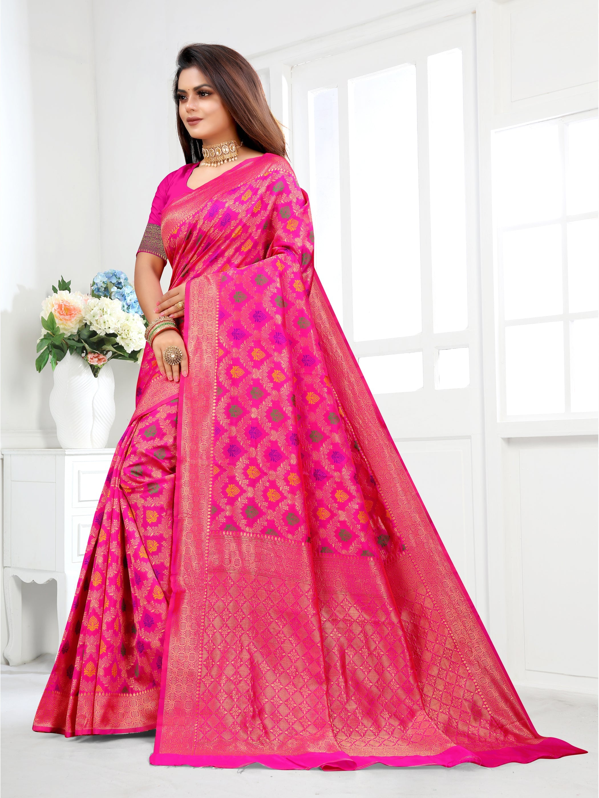 Vedant Vastram Litchi Silk Designer Banarasi Saree - Pink | Grocsy