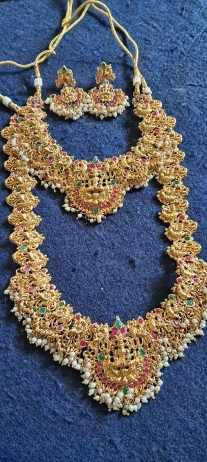 Jewel City Regal Lakshmi Temple Jewelry Set - Gold-Plated Necklace and Earrings with Pearl Clusters | Grocsy