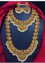 Jewel City Regal Lakshmi Temple Jewelry Set - Gold-Plated Necklace and Earrings with Pearl Clusters | Grocsy