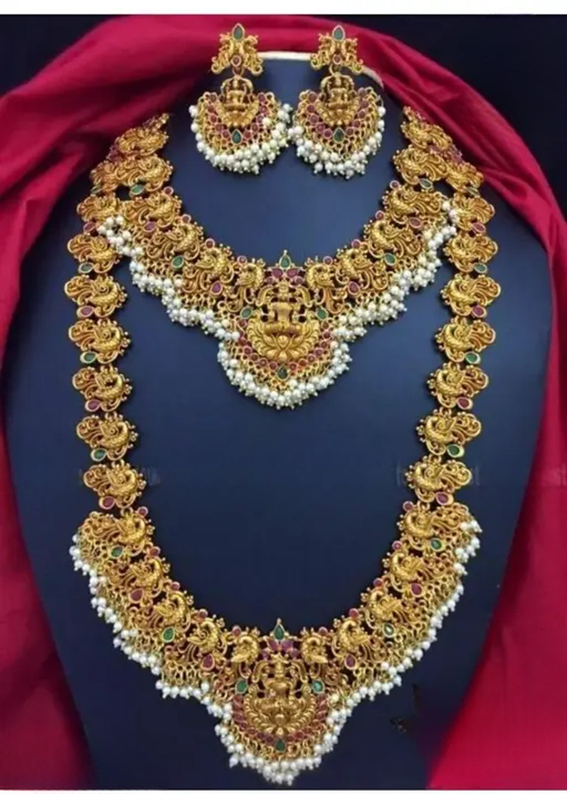Jewel City Regal Lakshmi Temple Jewelry Set - Gold-Plated Necklace and Earrings with Pearl Clusters | Grocsy