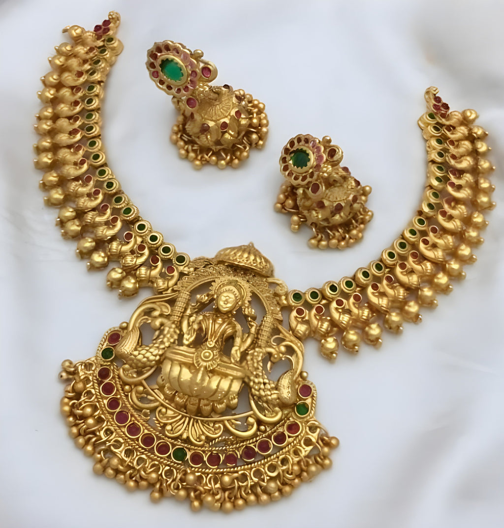 Jewel City Exquisite Gold-Plated Lakshmi Temple Jewelry Set: Necklace and Earrings | Grocsy
