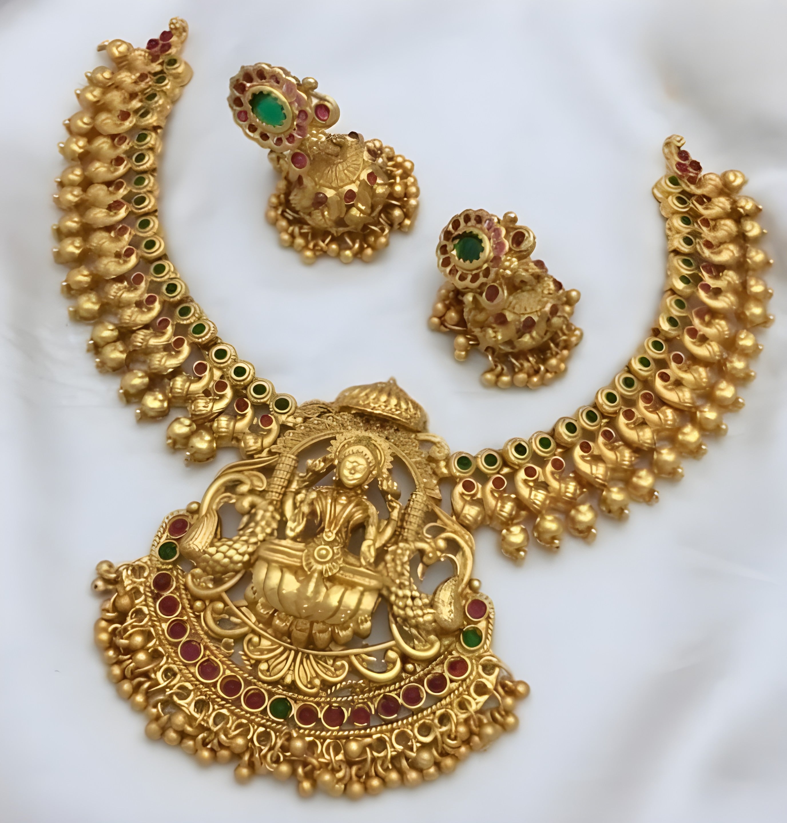 Jewel City Exquisite Gold-Plated Lakshmi Temple Jewelry Set: Necklace and Earrings | Grocsy