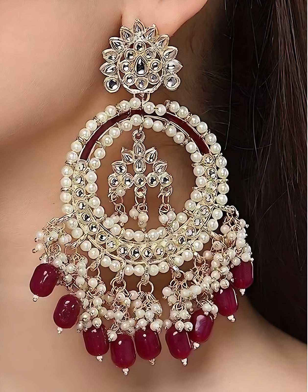 Jewel City Luxury Kundan Pearl Chandbali Earrings with Ruby Drops Traditional Wedding Statement Earrings | Grocsy