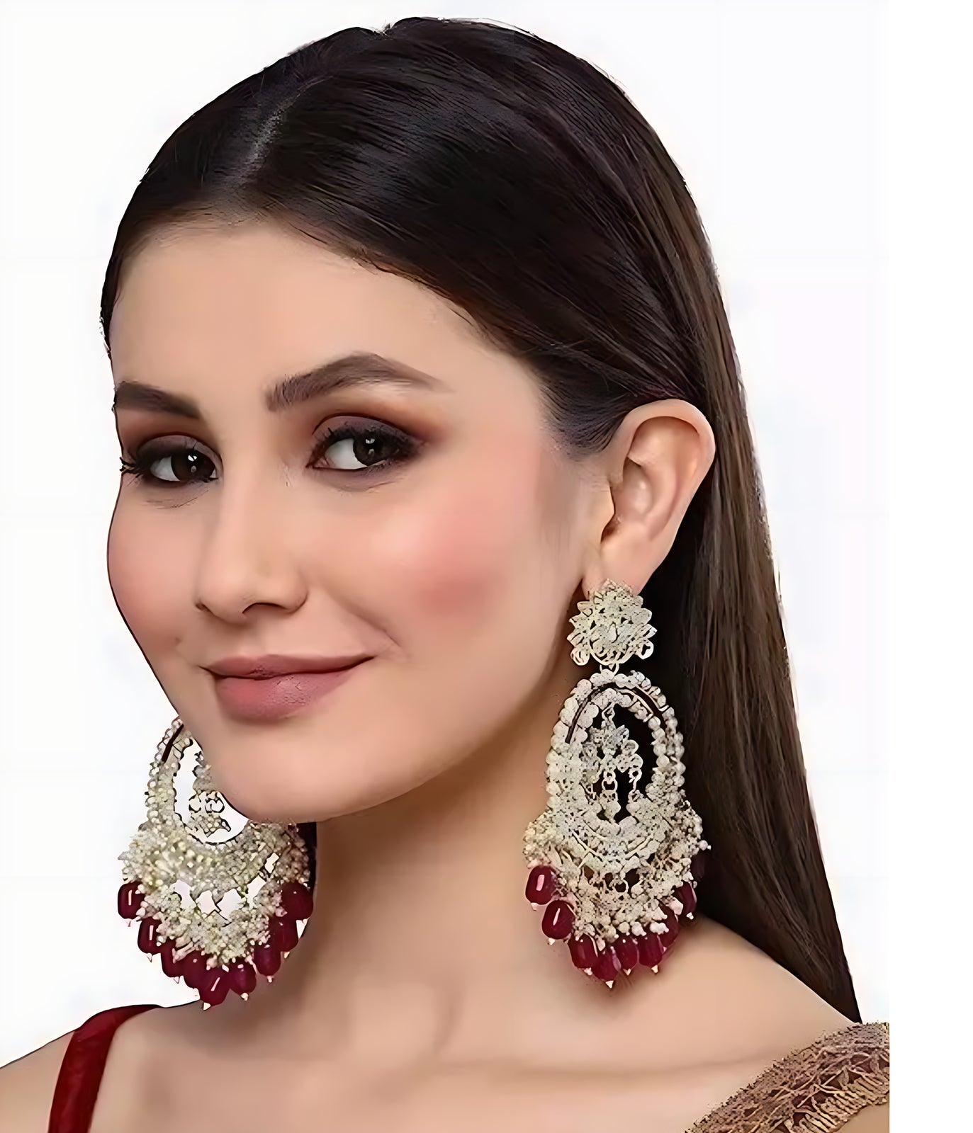 Jewel City Luxury Kundan Pearl Chandbali Earrings with Ruby Drops Traditional Wedding Statement Earrings | Grocsy