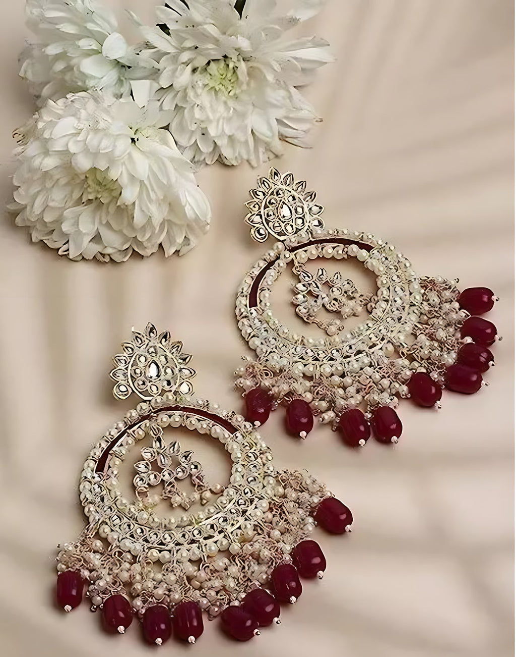 Jewel City Luxury Kundan Pearl Chandbali Earrings with Ruby Drops Traditional Wedding Statement Earrings | Grocsy