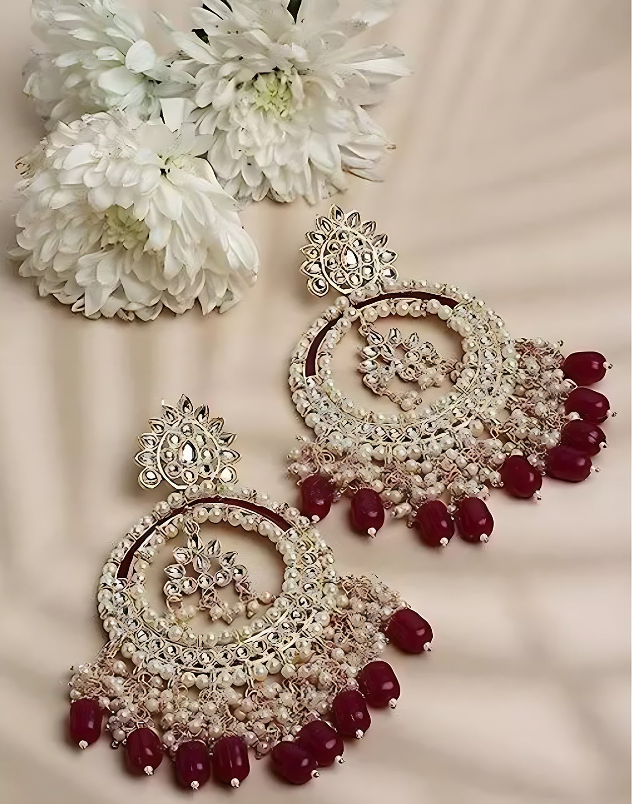 Jewel City Luxury Kundan Pearl Chandbali Earrings with Ruby Drops Traditional Wedding Statement Earrings | Grocsy